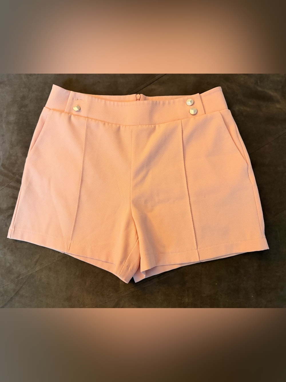 Sophie Rue High Waist Tailored Textured Shorts w/buttons  in peach/coral hue